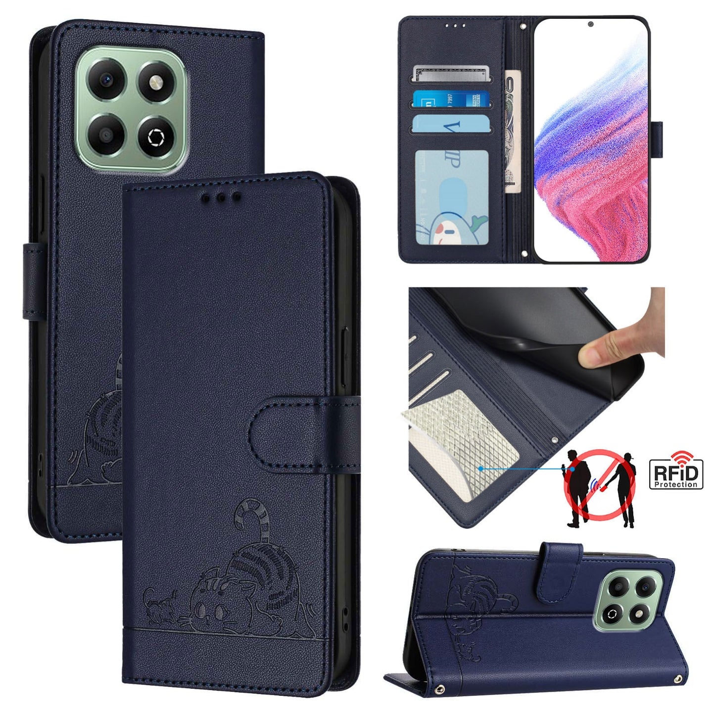 Honor X6b Leather Phone Case with Cat and Rat Embossed Pattern, RFID Protection, Card Holder Slots, Anti-fall Feature & Lanyard