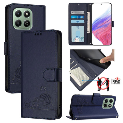 Honor X6b Leather Phone Case with Cat and Rat Embossed Pattern, RFID Protection, Card Holder Slots, Anti-fall Feature & Lanyard