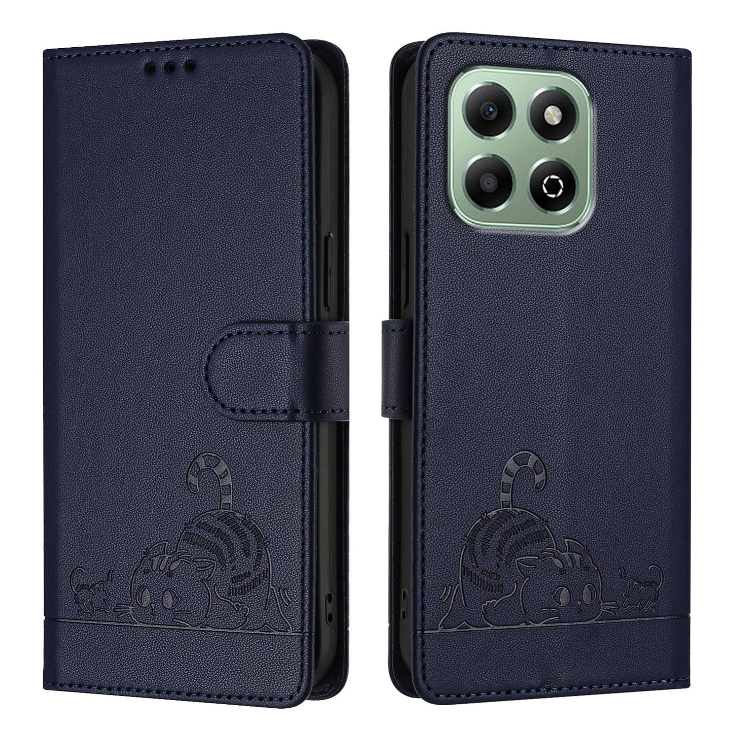 Honor X6b Leather Phone Case with Cat and Rat Embossed Pattern, RFID Protection, Card Holder Slots, Anti-fall Feature & Lanyard