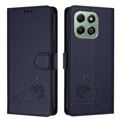 Honor X6b Leather Phone Case with Cat and Rat Embossed Pattern, RFID Protection, Card Holder Slots, Anti-fall Feature & Lanyard