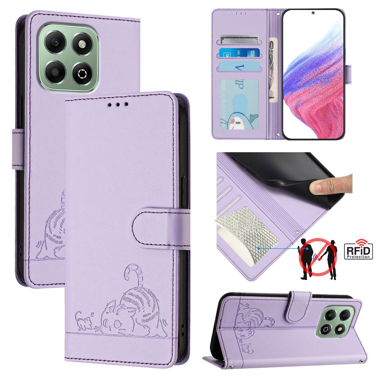 Honor X6b Leather Phone Case with Cat and Rat Embossed Pattern, RFID Protection, Card Holder Slots, Anti-fall Feature & Lanyard