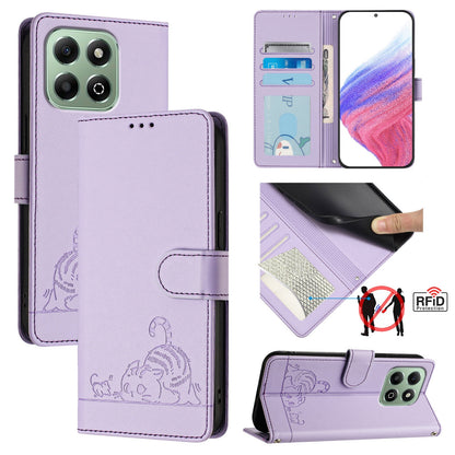 Honor X6b Leather Phone Case with Cat and Rat Embossed Pattern, RFID Protection, Card Holder Slots, Anti-fall Feature & Lanyard