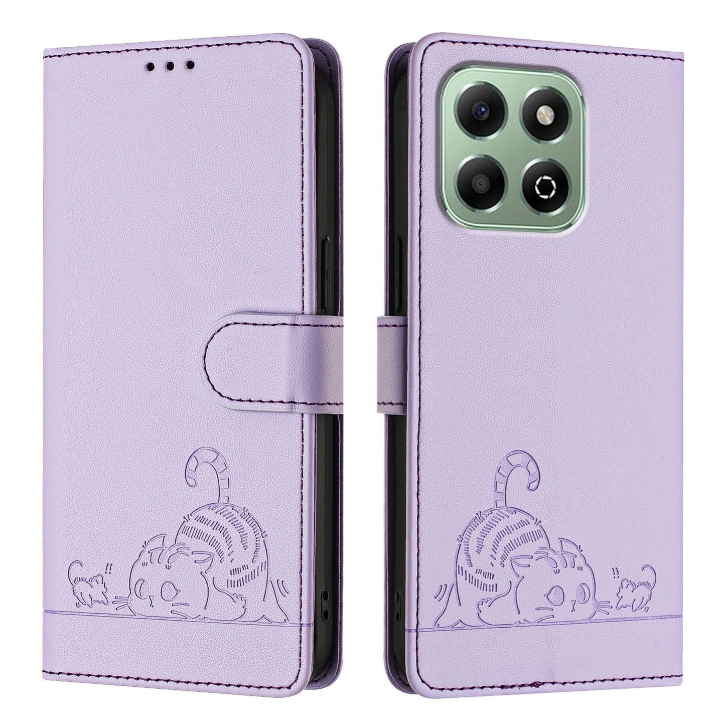 Honor X6b Leather Phone Case with Cat and Rat Embossed Pattern, RFID Protection, Card Holder Slots, Anti-fall Feature & Lanyard