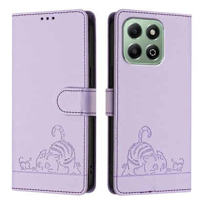 Honor X6b Leather Phone Case with Cat and Rat Embossed Pattern, RFID Protection, Card Holder Slots, Anti-fall Feature & Lanyard