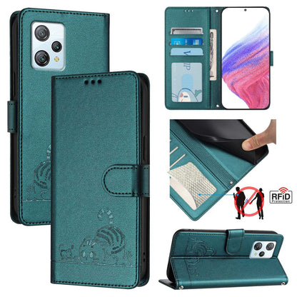 Blackview A53 Leather Phone Case with Cat and Rat Embossed Pattern, RFID Protection, Card Holder Slots, Anti-fall Feature & Lanyard