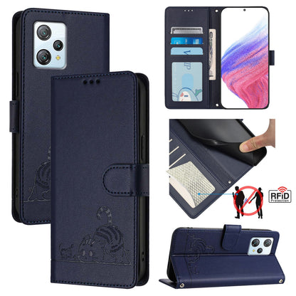 Blackview A53 Leather Phone Case with Cat and Rat Embossed Pattern, RFID Protection, Card Holder Slots, Anti-fall Feature & Lanyard