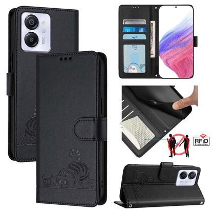 Blackview Color 8 Leather Phone Case with Cat and Rat Embossed Pattern, RFID Protection, Card Holder Slots, Anti-fall Feature & Lanyard