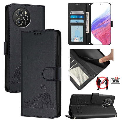 Blackview Shark 8 Leather Phone Case with Cat and Rat Embossed Pattern, RFID Protection, Card Holder Slots, Anti-fall Feature & Lanyard