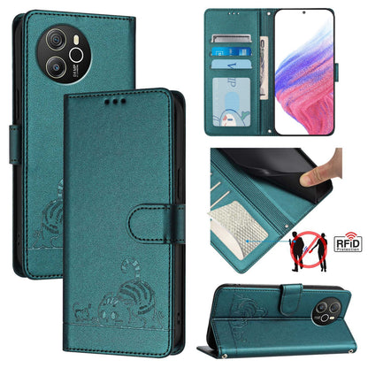 Blackview Shark 8 Leather Phone Case with Cat and Rat Embossed Pattern, RFID Protection, Card Holder Slots, Anti-fall Feature & Lanyard