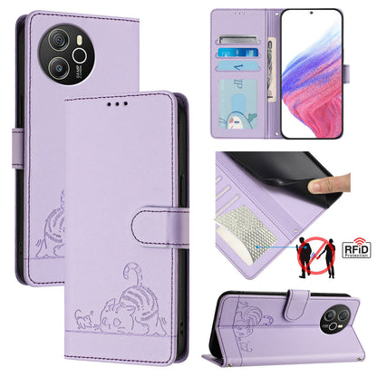 Blackview Shark 8 Leather Phone Case with Cat and Rat Embossed Pattern, RFID Protection, Card Holder Slots, Anti-fall Feature & Lanyard