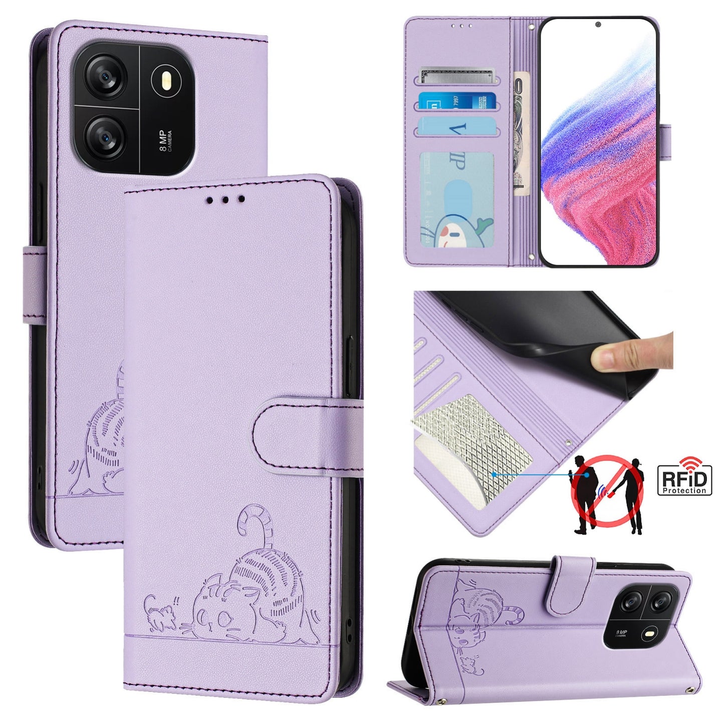 Blackview Wave 6C Leather Phone Case with Cat and Rat Embossed Pattern, RFID Protection, Card Holder Slots, Anti-fall Feature & Lanyard