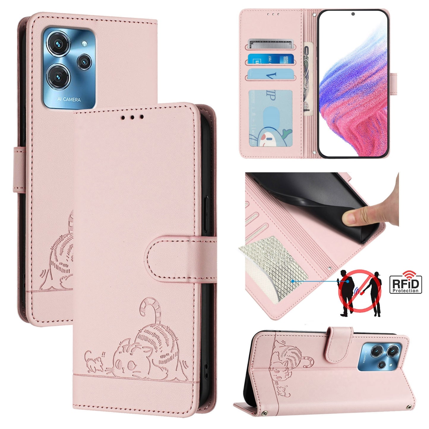 Oukitel C32 Leather Phone Case with Cat and Rat Embossed Pattern, RFID Protection, Card Holder Slots, Anti-fall Feature & Lanyard