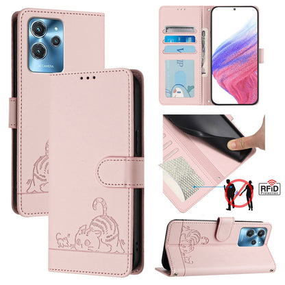 Oukitel C32 Leather Phone Case with Cat and Rat Embossed Pattern, RFID Protection, Card Holder Slots, Anti-fall Feature & Lanyard