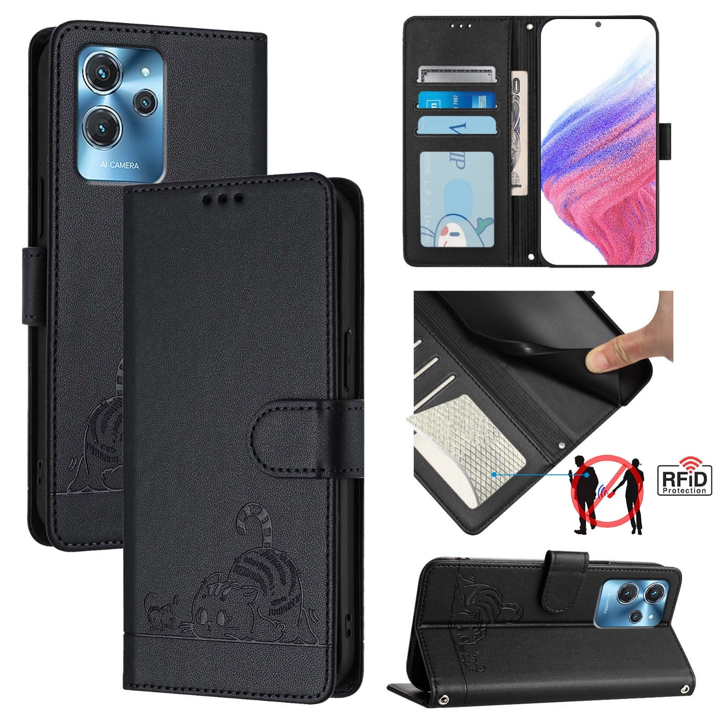 Oukitel C32 Leather Phone Case with Cat and Rat Embossed Pattern, RFID Protection, Card Holder Slots, Anti-fall Feature & Lanyard