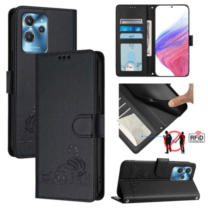 Oukitel C32 Leather Phone Case with Cat and Rat Embossed Pattern, RFID Protection, Card Holder Slots, Anti-fall Feature & Lanyard