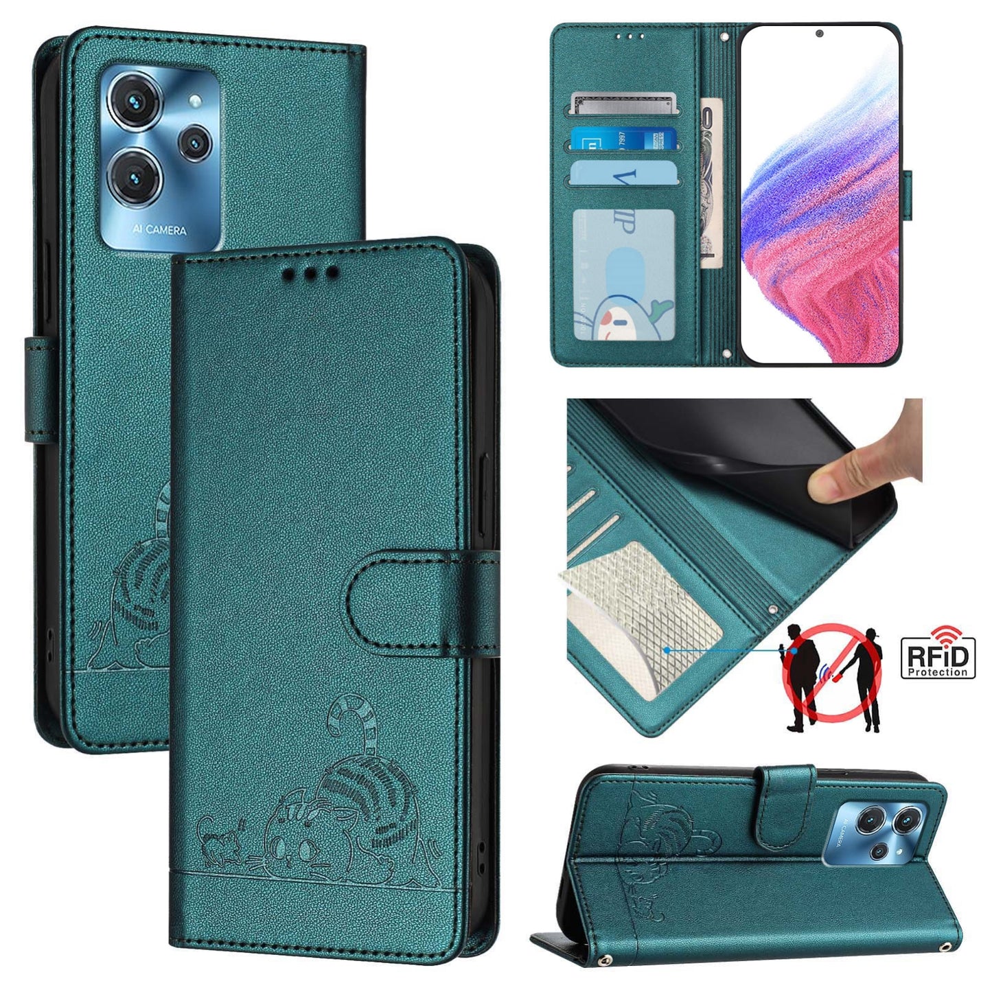 Oukitel C32 Leather Phone Case with Cat and Rat Embossed Pattern, RFID Protection, Card Holder Slots, Anti-fall Feature & Lanyard