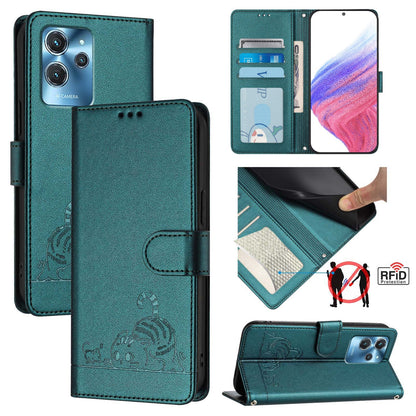 Oukitel C32 Leather Phone Case with Cat and Rat Embossed Pattern, RFID Protection, Card Holder Slots, Anti-fall Feature & Lanyard