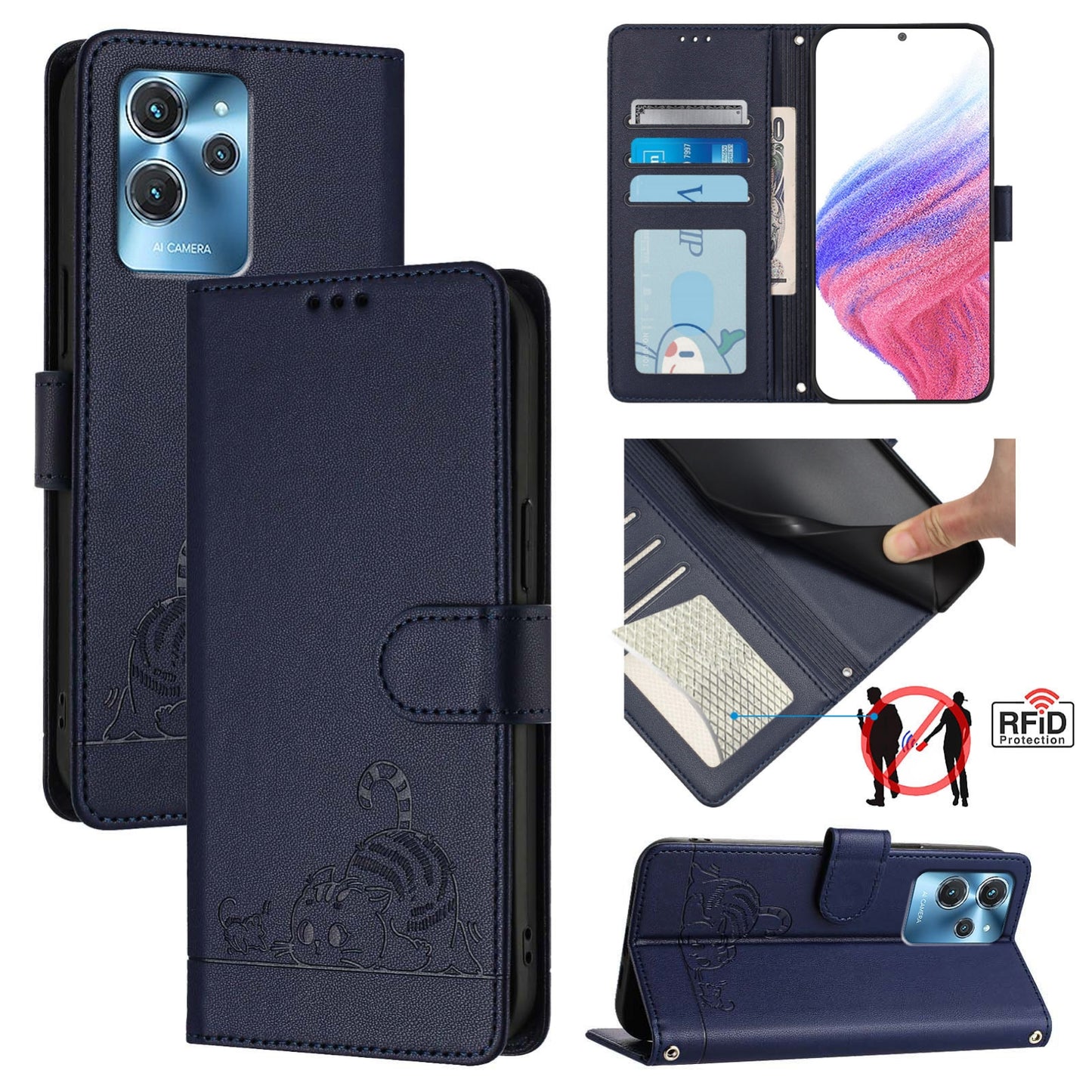 Oukitel C32 Leather Phone Case with Cat and Rat Embossed Pattern, RFID Protection, Card Holder Slots, Anti-fall Feature & Lanyard