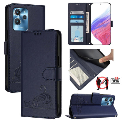 Oukitel C32 Leather Phone Case with Cat and Rat Embossed Pattern, RFID Protection, Card Holder Slots, Anti-fall Feature & Lanyard