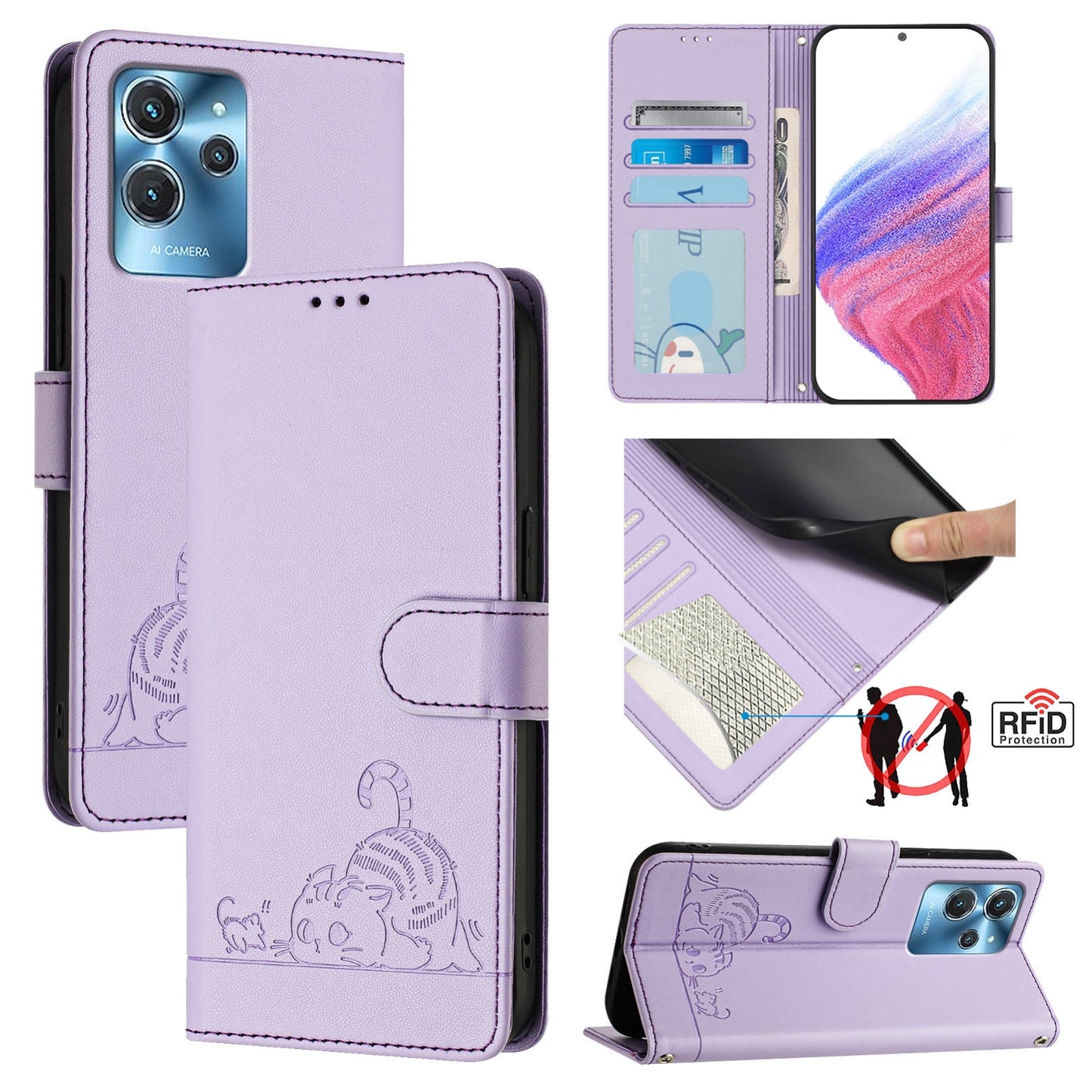 Oukitel C32 Leather Phone Case with Cat and Rat Embossed Pattern, RFID Protection, Card Holder Slots, Anti-fall Feature & Lanyard