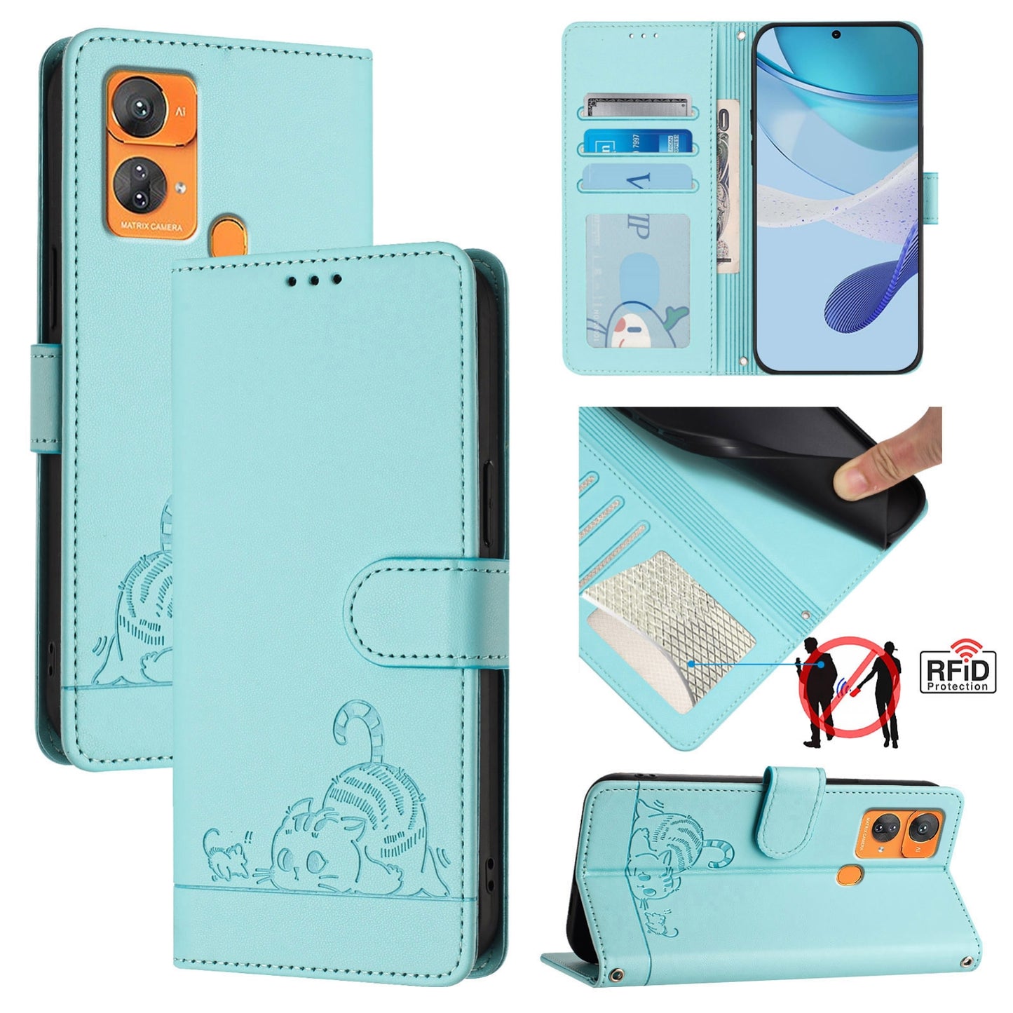 Oukitel C33 Leather Phone Case with Cat and Rat Embossed Pattern, RFID Protection, Card Holder Slots, Anti-fall Feature & Lanyard