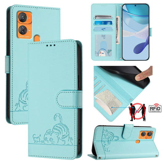 Oukitel C33 Leather Phone Case with Cat and Rat Embossed Pattern, RFID Protection, Card Holder Slots, Anti-fall Feature & Lanyard