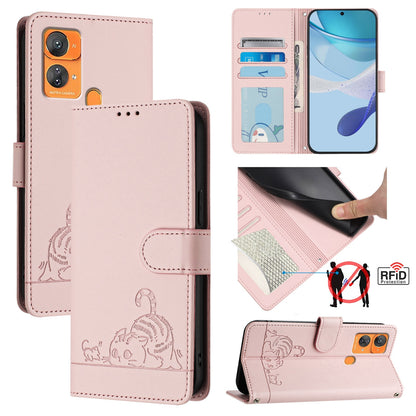 Oukitel C33 Leather Phone Case with Cat and Rat Embossed Pattern, RFID Protection, Card Holder Slots, Anti-fall Feature & Lanyard