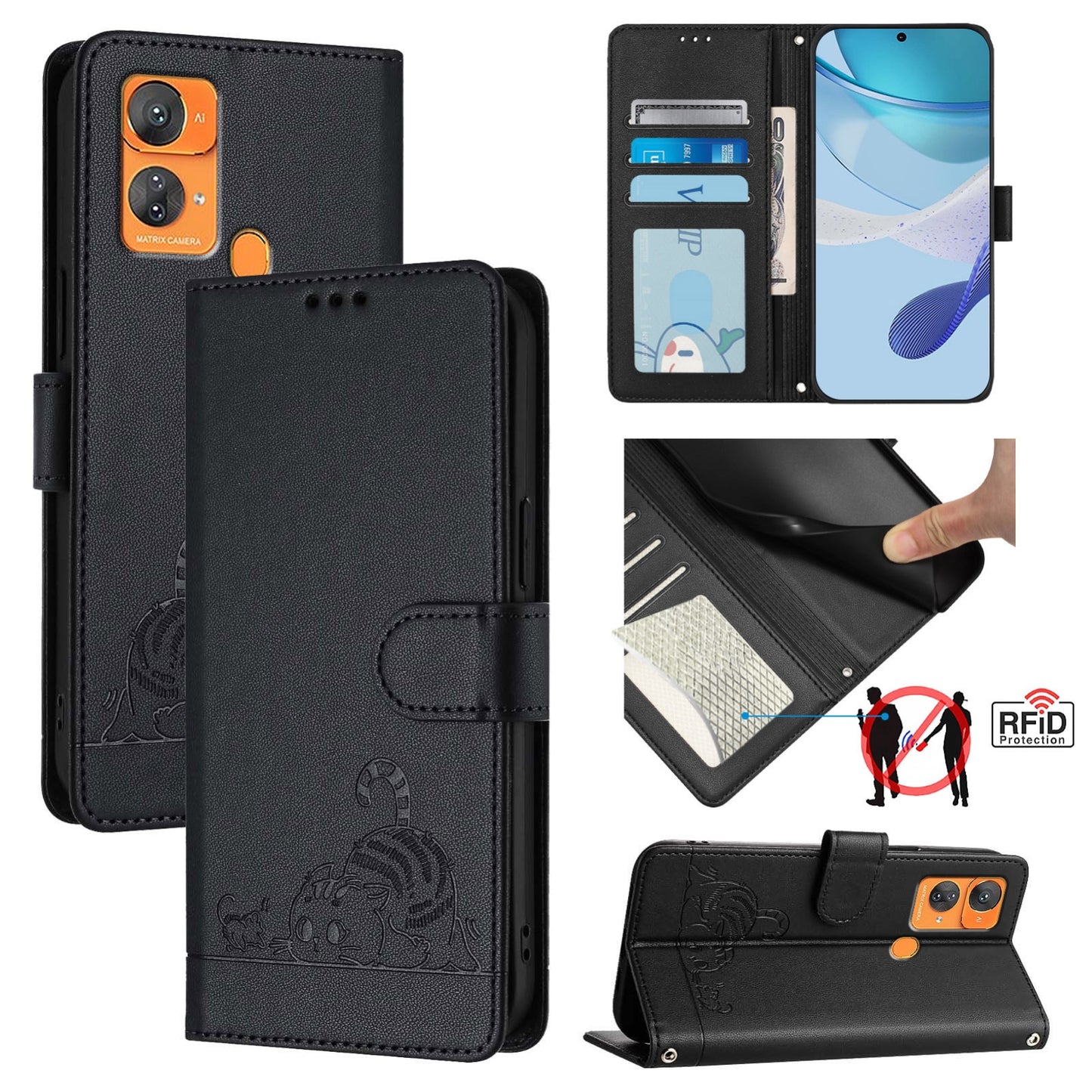 Oukitel C33 Leather Phone Case with Cat and Rat Embossed Pattern, RFID Protection, Card Holder Slots, Anti-fall Feature & Lanyard