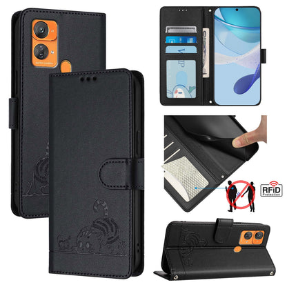 Oukitel C33 Leather Phone Case with Cat and Rat Embossed Pattern, RFID Protection, Card Holder Slots, Anti-fall Feature & Lanyard