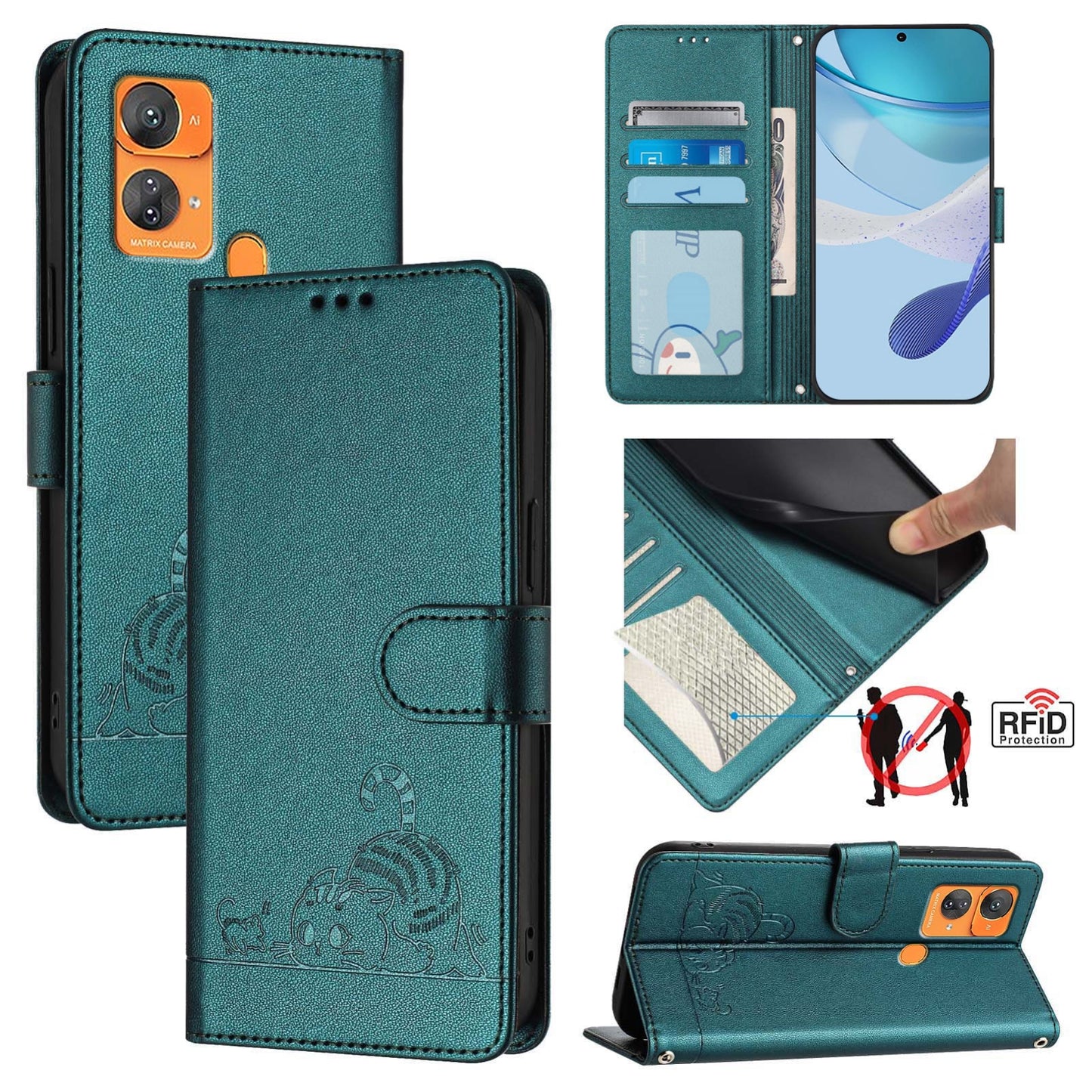 Oukitel C33 Leather Phone Case with Cat and Rat Embossed Pattern, RFID Protection, Card Holder Slots, Anti-fall Feature & Lanyard