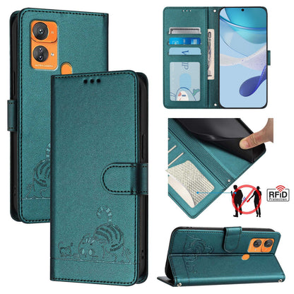Oukitel C33 Leather Phone Case with Cat and Rat Embossed Pattern, RFID Protection, Card Holder Slots, Anti-fall Feature & Lanyard