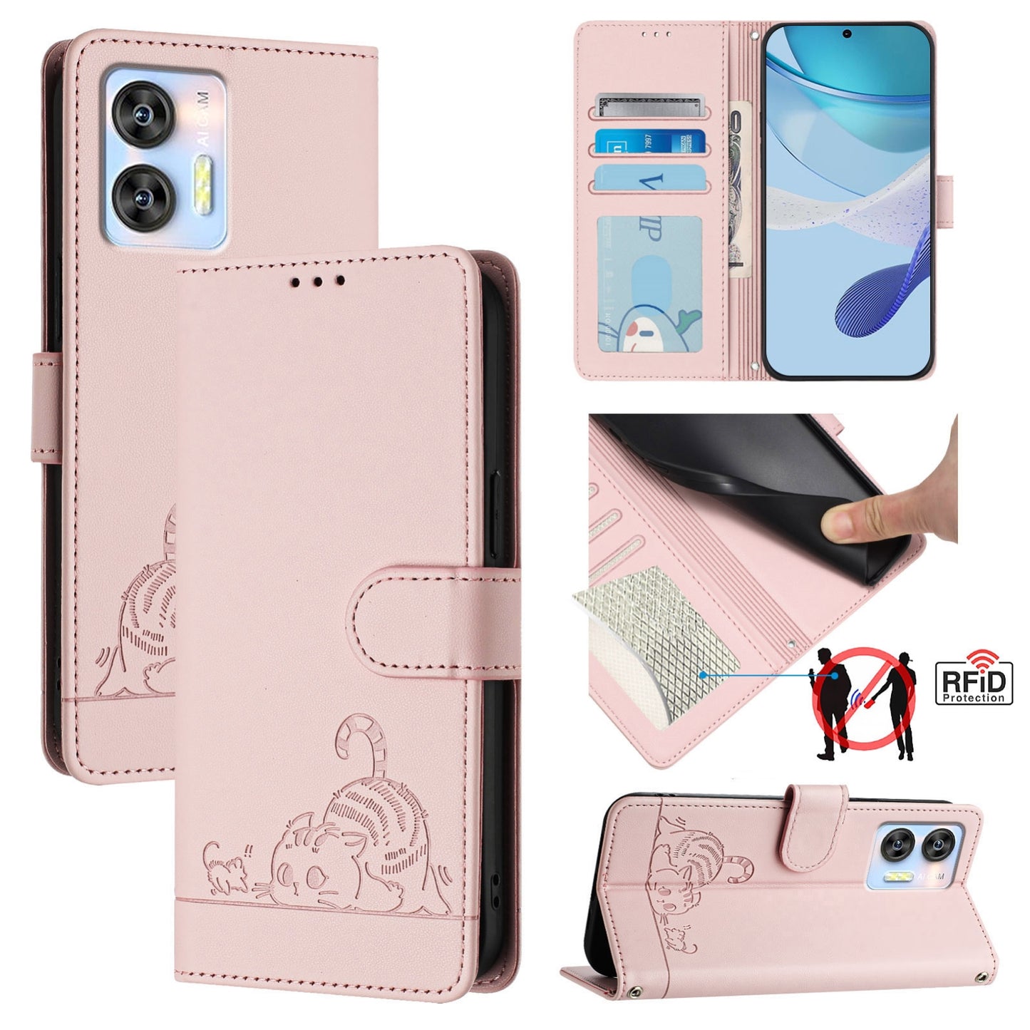 Oukitel C36 Leather Phone Case with Cat and Rat Embossed Pattern, RFID Protection, Card Holder Slots, Anti-fall Feature & Lanyard