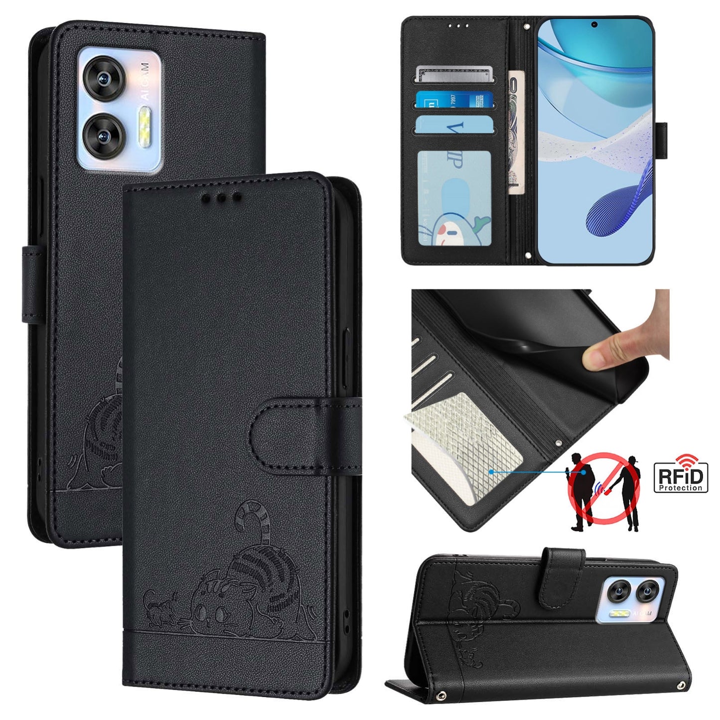 Oukitel C36 Leather Phone Case with Cat and Rat Embossed Pattern, RFID Protection, Card Holder Slots, Anti-fall Feature & Lanyard