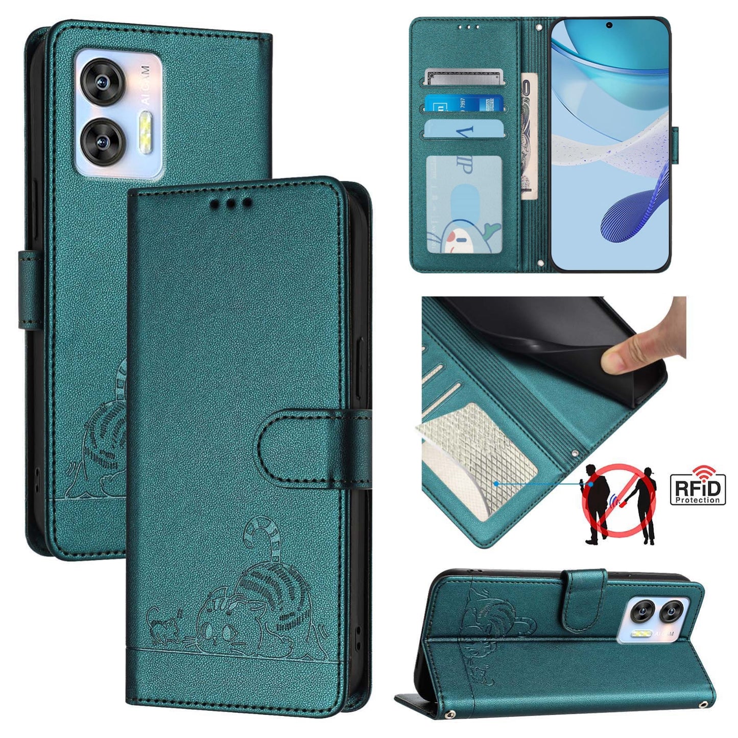 Oukitel C35 Leather Phone Case with Cat and Rat Embossed Pattern, RFID Protection, Card Holder Slots, Anti-fall Feature & Lanyard
