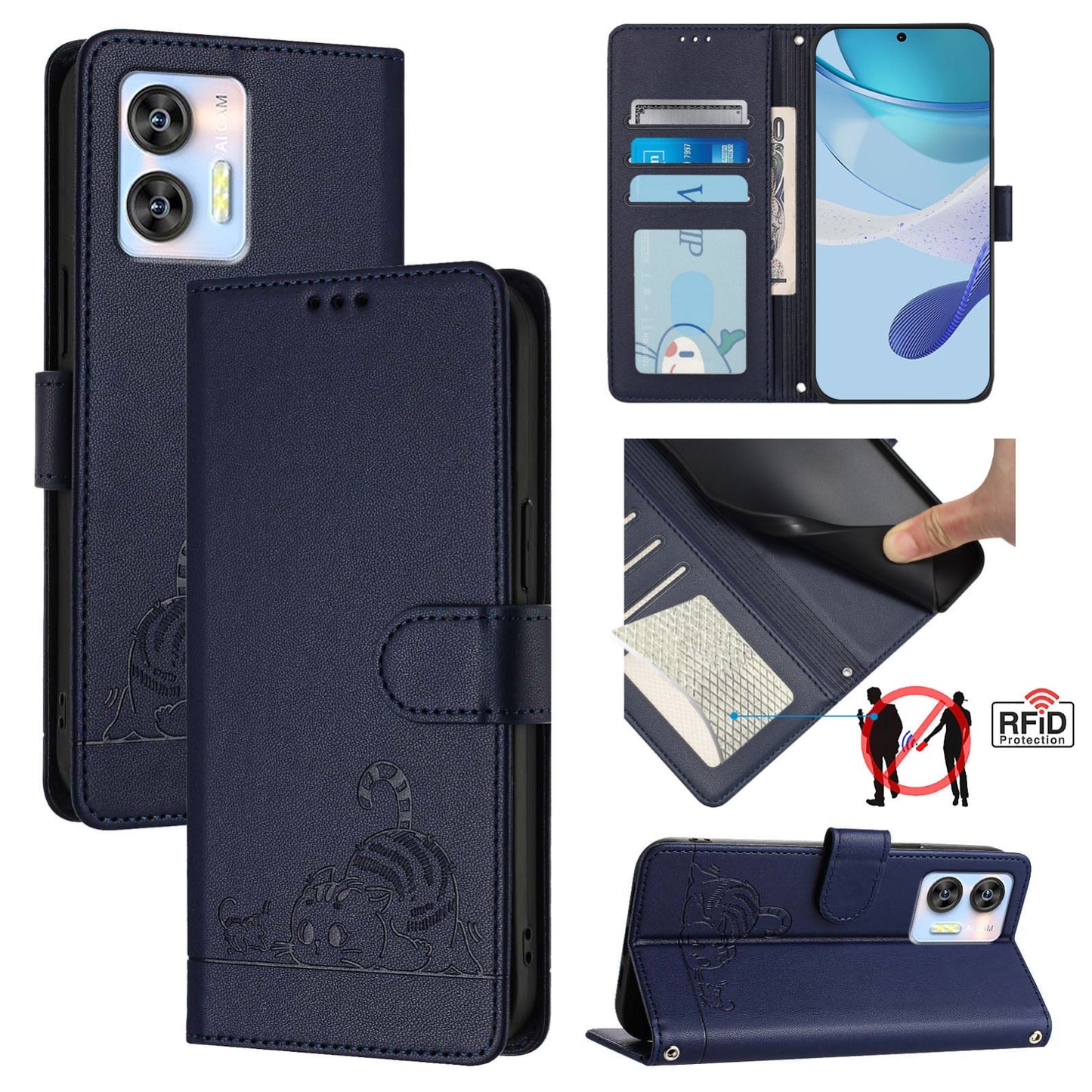 Oukitel C35 Leather Phone Case with Cat and Rat Embossed Pattern, RFID Protection, Card Holder Slots, Anti-fall Feature & Lanyard