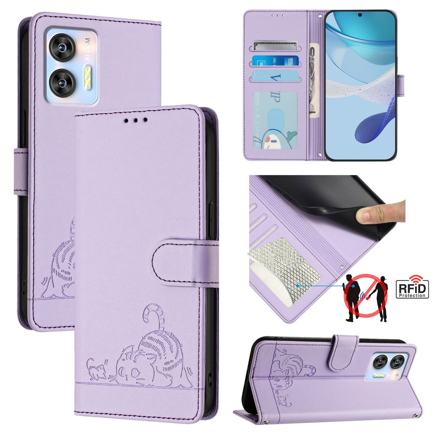 Oukitel C36 Leather Phone Case with Cat and Rat Embossed Pattern, RFID Protection, Card Holder Slots, Anti-fall Feature & Lanyard