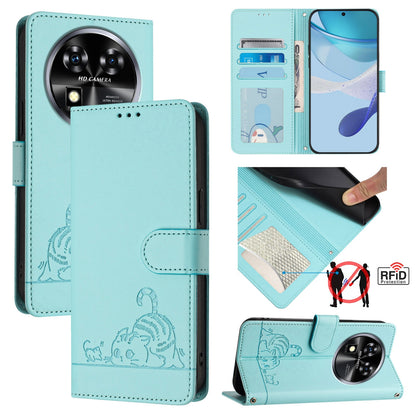 Oukitel C37 Leather Phone Case with Cat and Rat Embossed Pattern, RFID Protection, Card Holder Slots, Anti-fall Feature & Lanyard