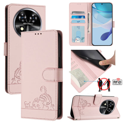 Oukitel C37 Leather Phone Case with Cat and Rat Embossed Pattern, RFID Protection, Card Holder Slots, Anti-fall Feature & Lanyard