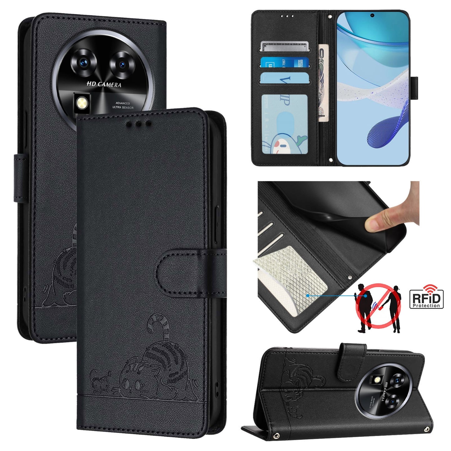 Oukitel C37 Leather Phone Case with Cat and Rat Embossed Pattern, RFID Protection, Card Holder Slots, Anti-fall Feature & Lanyard