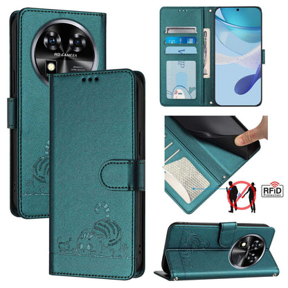 Oukitel C37 Leather Phone Case with Cat and Rat Embossed Pattern, RFID Protection, Card Holder Slots, Anti-fall Feature & Lanyard