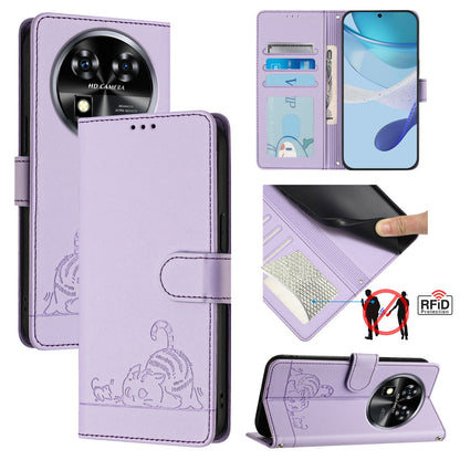 Oukitel C37 Leather Phone Case with Cat and Rat Embossed Pattern, RFID Protection, Card Holder Slots, Anti-fall Feature & Lanyard