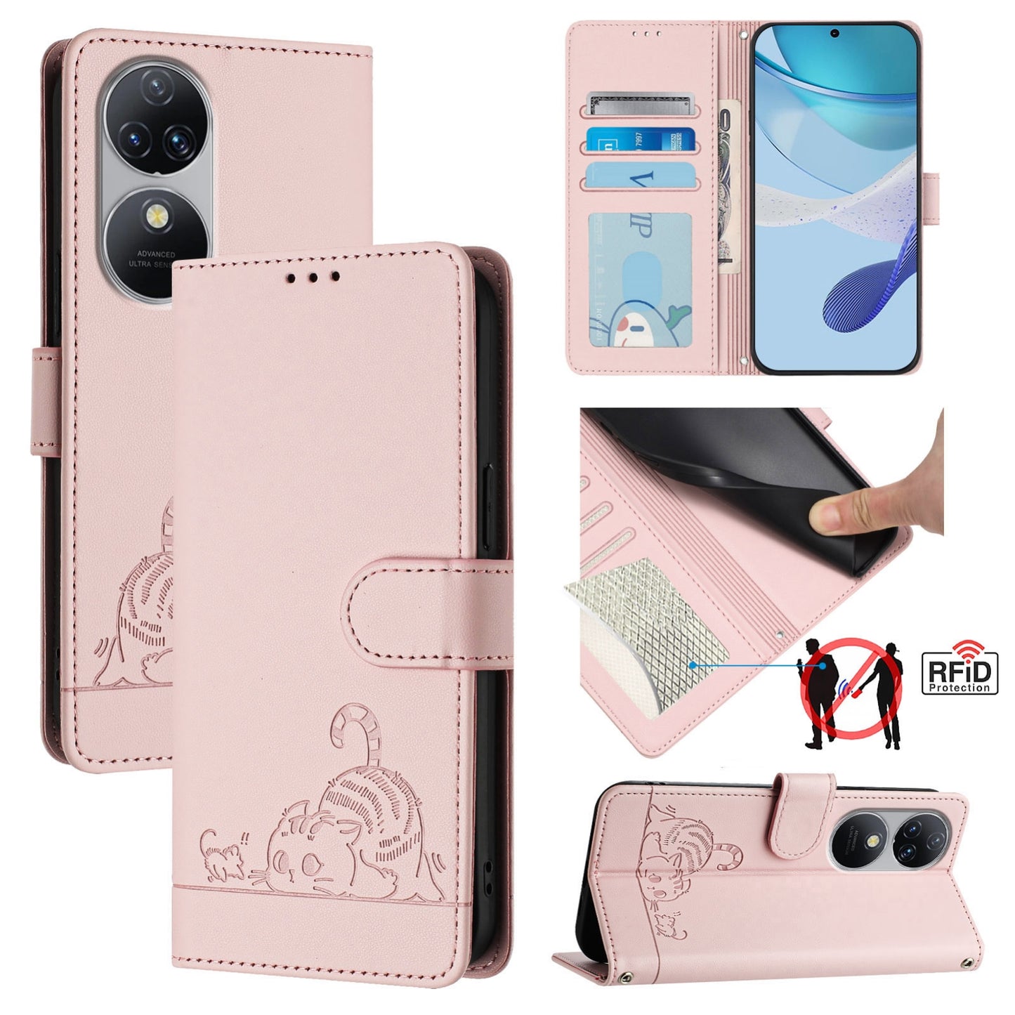 Oukitel C38 Leather Phone Case with Cat and Rat Embossed Pattern, RFID Protection, Card Holder Slots, Anti-fall Feature & Lanyard