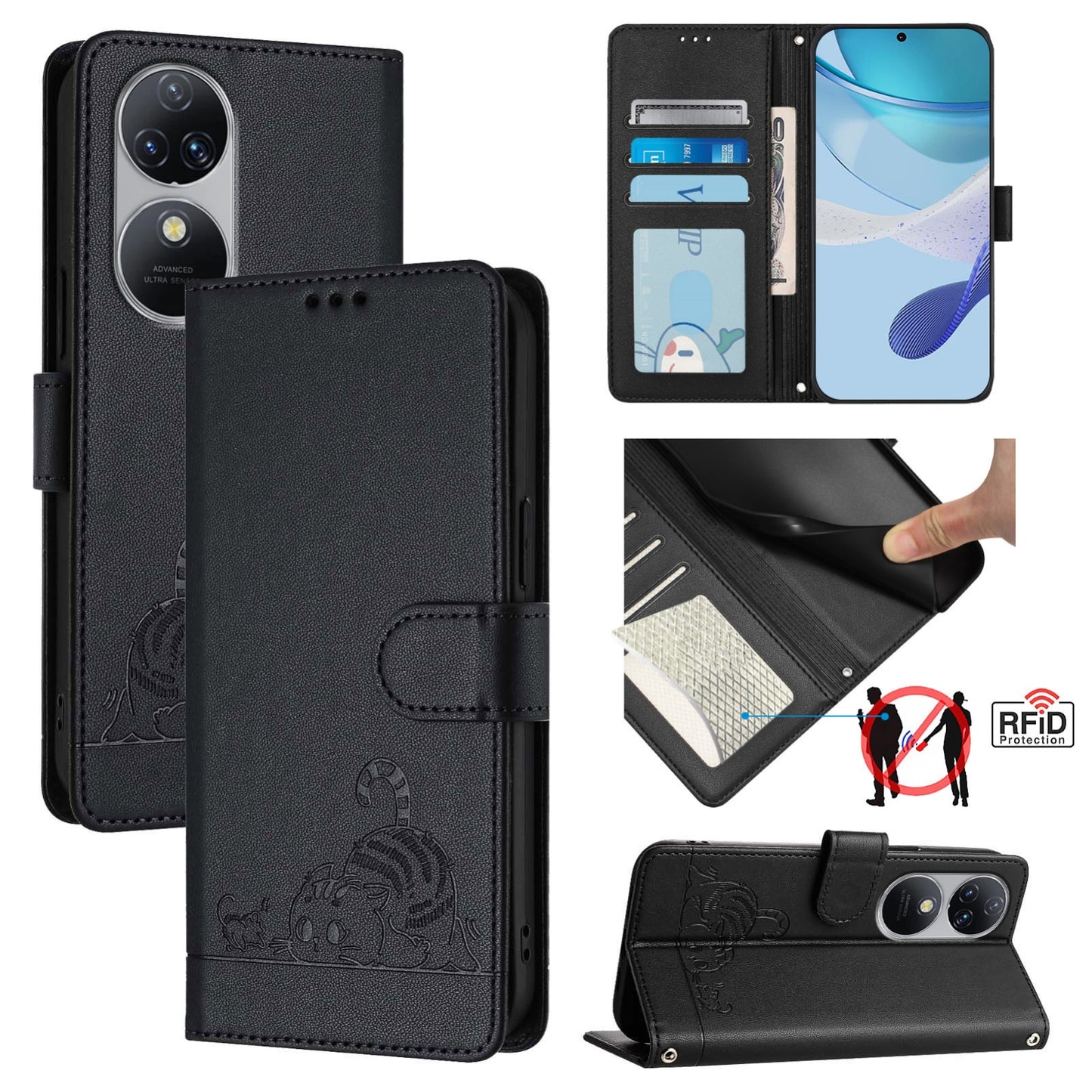 Oukitel C38 Leather Phone Case with Cat and Rat Embossed Pattern, RFID Protection, Card Holder Slots, Anti-fall Feature & Lanyard