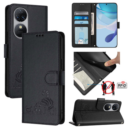 Oukitel C38 Leather Phone Case with Cat and Rat Embossed Pattern, RFID Protection, Card Holder Slots, Anti-fall Feature & Lanyard