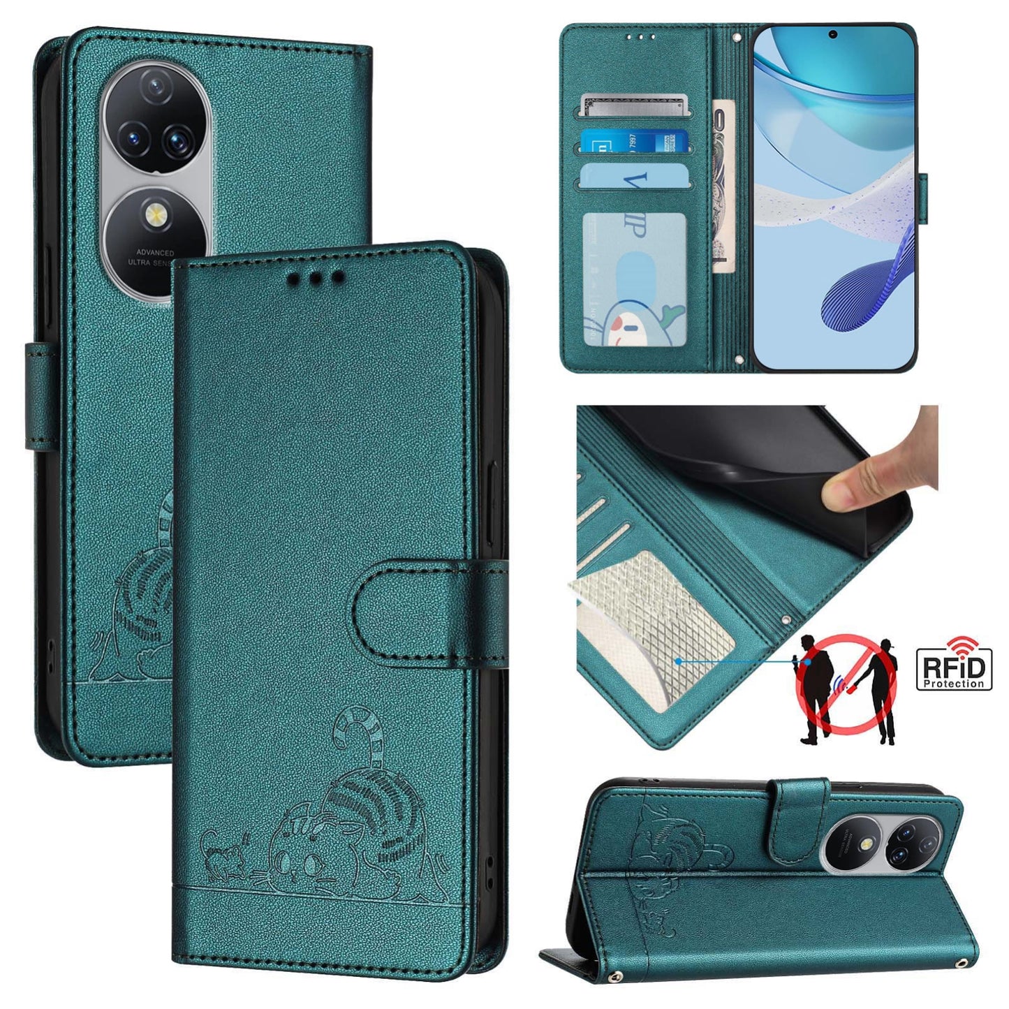 Oukitel C38 Leather Phone Case with Cat and Rat Embossed Pattern, RFID Protection, Card Holder Slots, Anti-fall Feature & Lanyard