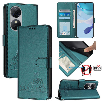 Oukitel C38 Leather Phone Case with Cat and Rat Embossed Pattern, RFID Protection, Card Holder Slots, Anti-fall Feature & Lanyard