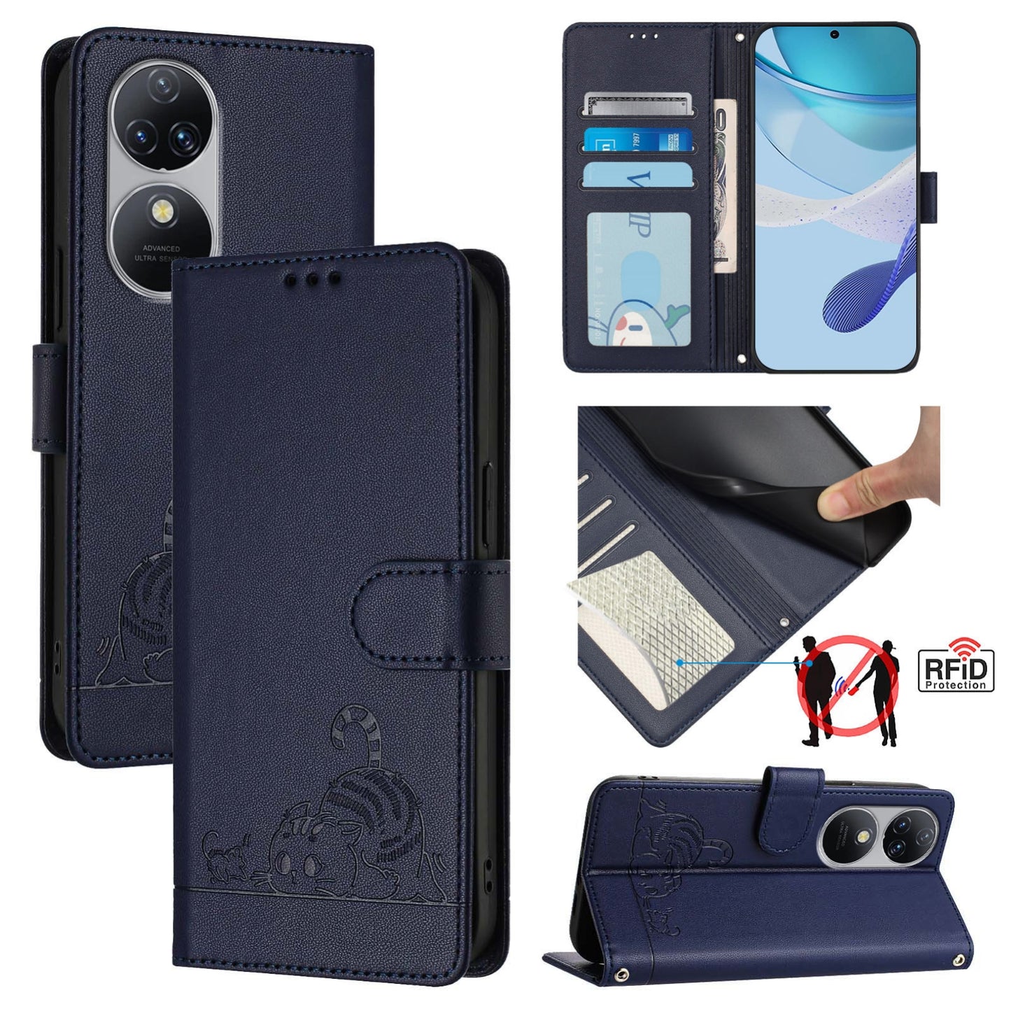 Oukitel C38 Leather Phone Case with Cat and Rat Embossed Pattern, RFID Protection, Card Holder Slots, Anti-fall Feature & Lanyard