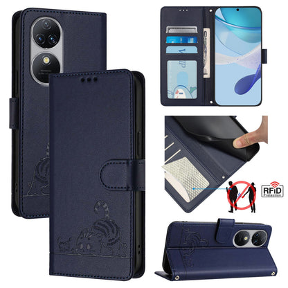 Oukitel C38 Leather Phone Case with Cat and Rat Embossed Pattern, RFID Protection, Card Holder Slots, Anti-fall Feature & Lanyard