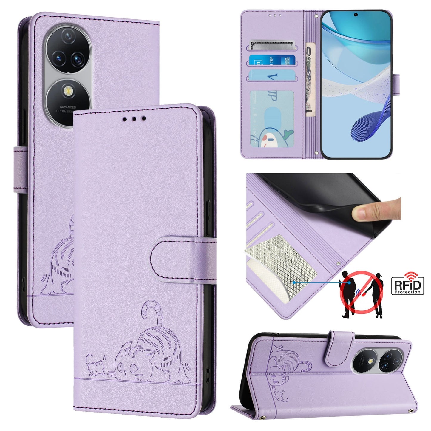 Oukitel C38 Leather Phone Case with Cat and Rat Embossed Pattern, RFID Protection, Card Holder Slots, Anti-fall Feature & Lanyard
