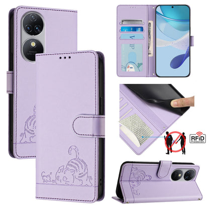 Oukitel C38 Leather Phone Case with Cat and Rat Embossed Pattern, RFID Protection, Card Holder Slots, Anti-fall Feature & Lanyard